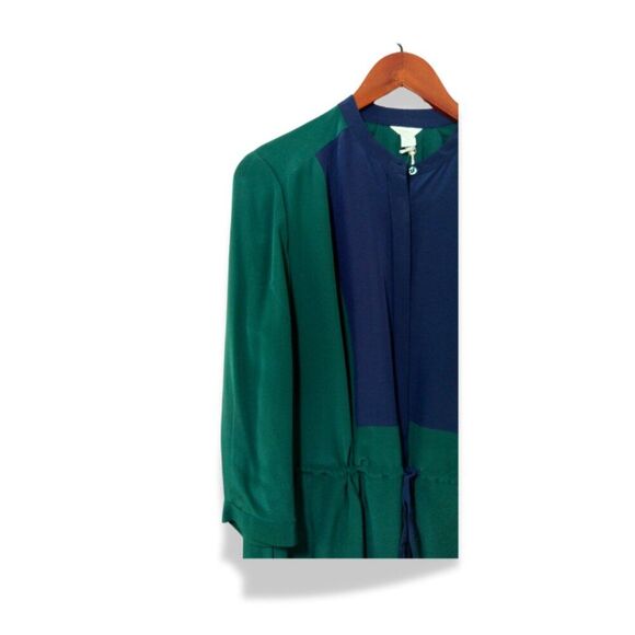 Fossil Rebecca Silk Shirt Dress M Green Colorblock Cinched Tie Waist Work - Picture 4 of 8